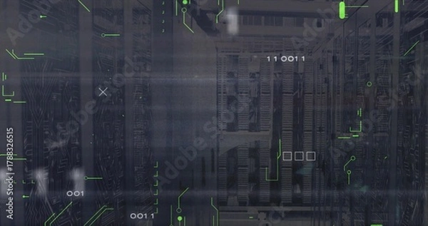 Obraz Displaying central server racks streaming data inside datacenter, with LED lights and HUD overlay