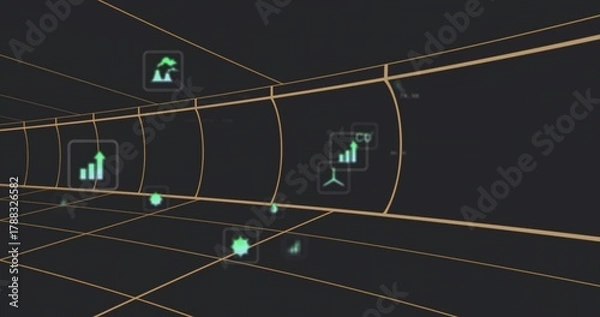 Obraz Glowing gold-grid tunnel receding to vanishing point in virtual corridor, with teal icons and nodes