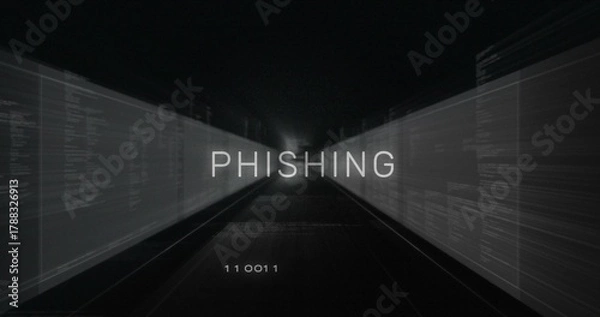 Obraz Floating centered PHISHING word glowing above cyber corridor, with binary 110011 code panels