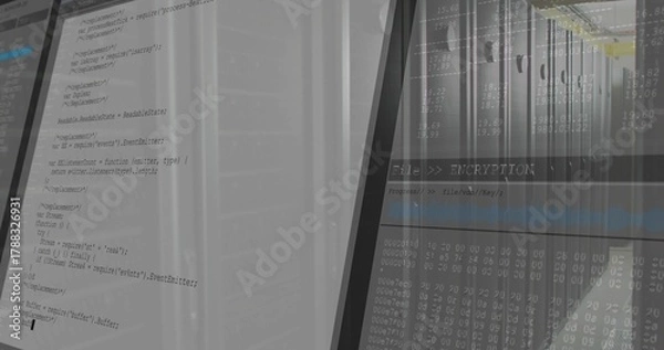 Obraz Displaying monitors showing source code, FileENCRYPTION progressbar and hex dump at server racks