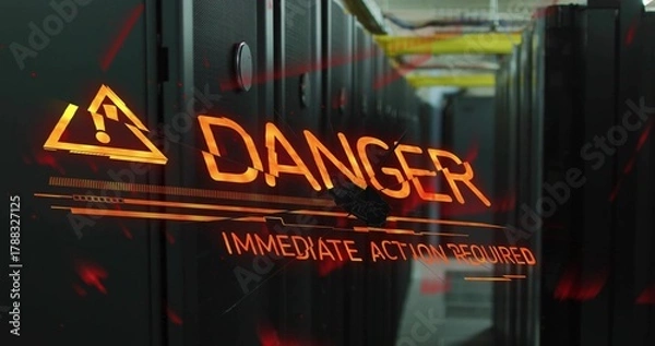 Obraz Projecting glowing DANGER IMMEDIATE ACTION REQUIRED graphic across datacenter aisle, showing racks