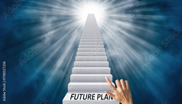 Fototapeta Finger touching a step on a long staircase leading to a bright light future plan