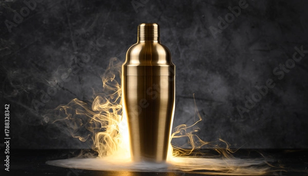 Fototapeta Golden cocktail shaker with dramatic smoke and dry ice effect on dark background barware