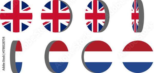Fototapeta 3D Style 8-Frame Sprite Sheet of Rotating Round Circular United Kingdom and Netherlands Flags for English and Dutch Language Selection 2D Animation in Game and App Interface. Vector Image.