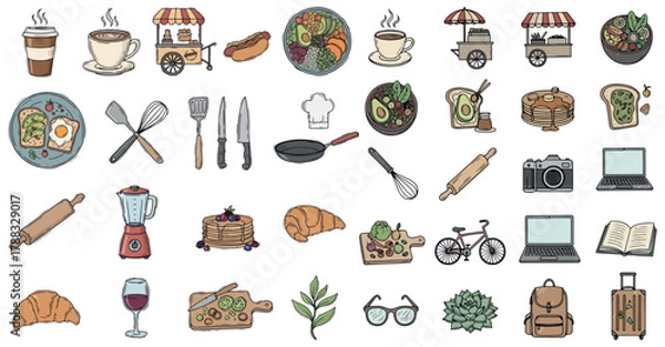 Obraz Collection of hand drawn illustrations featuring food drinks kitchenware travel items and outdoor elements for creative projects