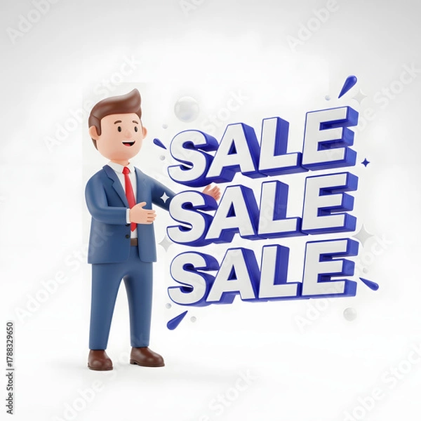 Obraz Sale Promotion: A cheerful businessman in a suit introduces the bold word 'SALE', the quintessential symbol of enticing discounts and economic opportunities.