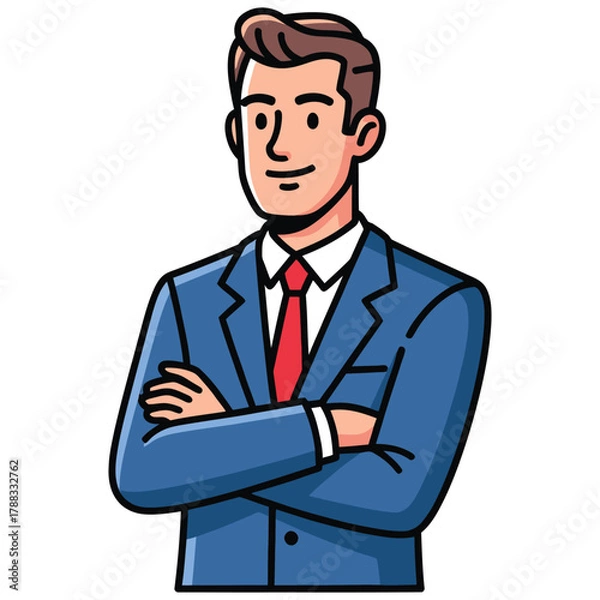 Fototapeta Illustration of a Man in a Blue Suit with Arms Crossed and Red Tie