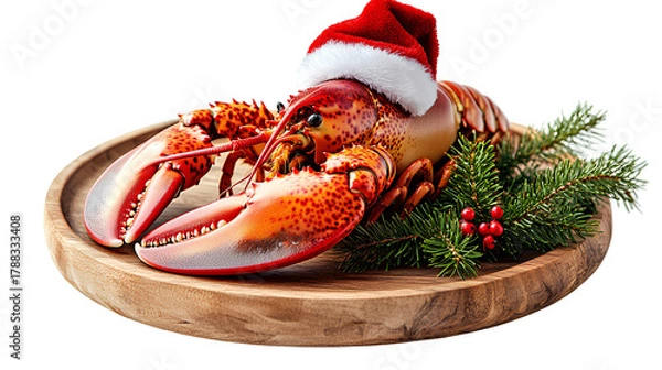 Obraz Festive Crustacean Celebration Lobster Adorned with Santa Hat on Wooden Platter with Holiday Greenery