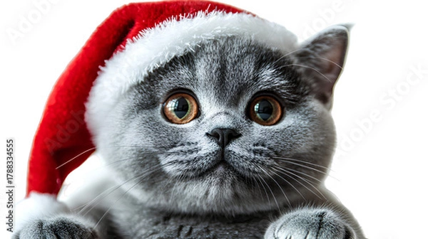 Obraz Festive Feline Gray Cat Wearing Red Santa Hat with Striking Amber Eyes in Holiday Cheer and Winter Season Spirit