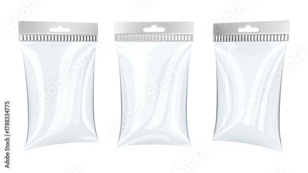 Fototapeta White glossy pouch mockup with hang slot isolated on white. 3d illustration set