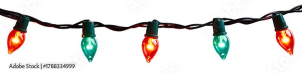 Obraz Festive Holiday Lights String with Green and Red Bulbs on Transparent Background for Celebratory Decor