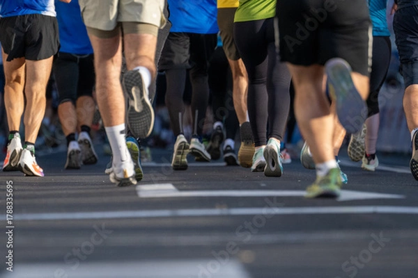 Obraz Close up of diverse marathon runners legs running on city road in Ljubljana during race