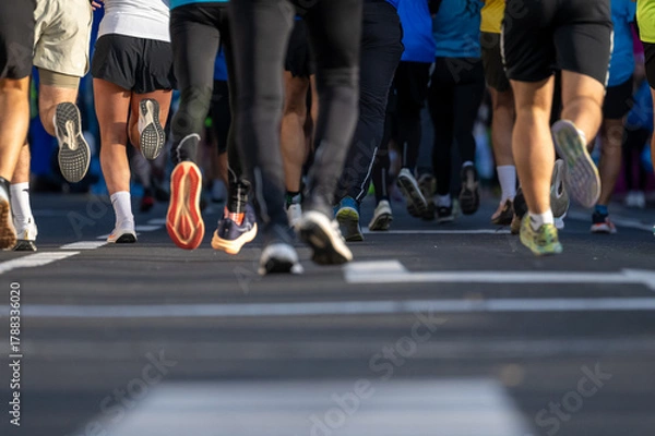 Obraz Close up of runners participating in a diverse marathon event outdoors in Ljubljana