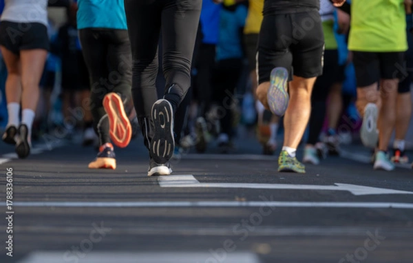 Obraz close up of runners feet participating in a marathon race in Ljubljana street