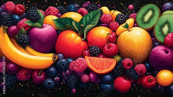 Fototapeta Vibrant fruit medley bursting with freshness, a colorful arrangement for healthy living campaigns or eye-catching food blog designs, perfect for nutrition themes.