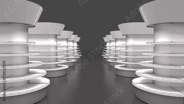 Fototapeta Aisle between rows of rounded white gondola display racks. 3d illustration on grey background
