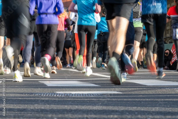 Obraz Close up of diverse runners feet in motion participating in a marathon in Ljubljana city outdoors