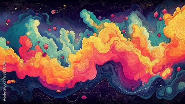 Fototapeta Vibrant abstract clouds with cosmic orbs create a dreamy, psychedelic artwork, radiating energy and imagination for stunning backgrounds and creative projects
