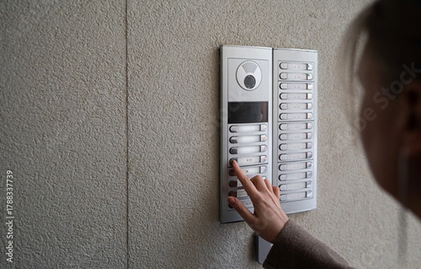 Obraz Woman rings the intercom from the street.