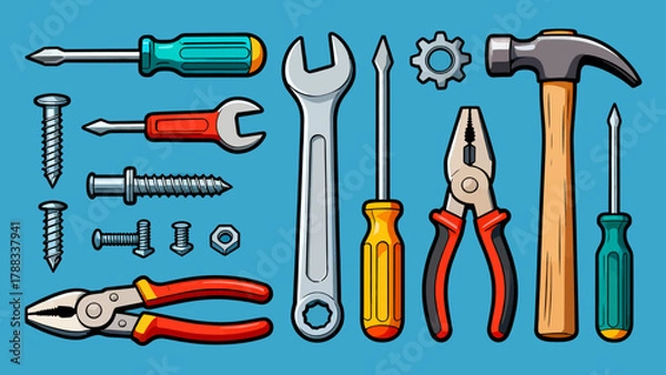 Obraz A collection of maintenance tools, cartoon hand-drawn vector illustrations, hammers, screwdrivers, wrenches, pliers, tape measures, screws, and screwdrivers