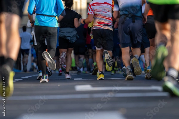 Obraz runners in a marathon event in Ljubljana with close up view of their feet on the road