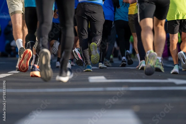 Obraz Close up shot of diverse runners participating in a marathon event on city streets in Ljubljana