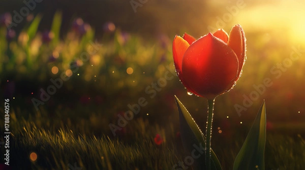 Fototapeta Stunning red tulip basking in the warm glow of sunset with dew drops, a beautiful spring scene conveying peace, hope, and the magic of nature