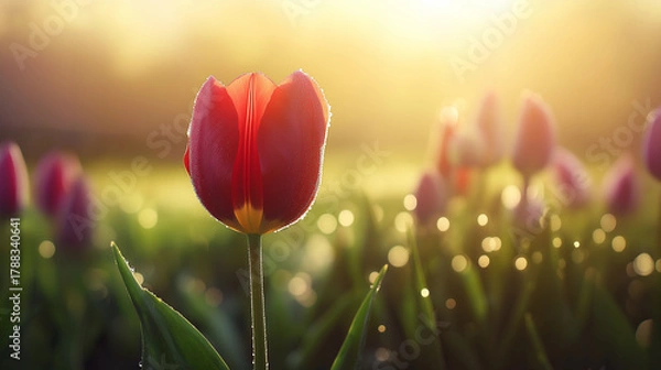 Fototapeta Stunning red tulip blooming at sunrise in a field, evoking feelings of hope and new beginnings for spring celebrations and garden inspiration