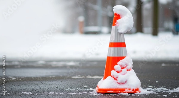 Fototapeta Traffic cone covered with snow after heavy snowfall creates winter scene on asphalt. Traffic cone now covered, indicates winter weather conditions, road maintenance issues in snowy conditions.