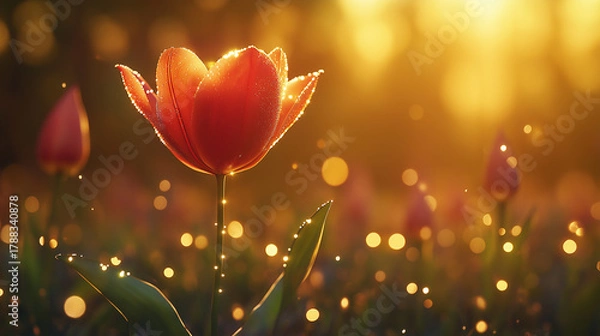 Fototapeta Stunning red tulip flower with shimmering dew drops in golden light, perfect for spring designs and floral celebrations, vibrant and uplifting for any project
