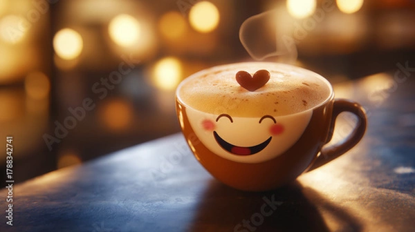Fototapeta Delightful coffee cup with a happy face and heart topping creates a warm, inviting atmosphere perfect for cozy mornings or cafe promotions.