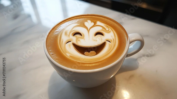 Fototapeta Joyful latte art smiley face brings warmth and happiness to your morning coffee ritual, perfect for cafes and lifestyle content.