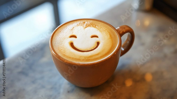 Obraz Warm morning coffee with a delightful smiley face latte art design brings instant joy and a positive start to any day