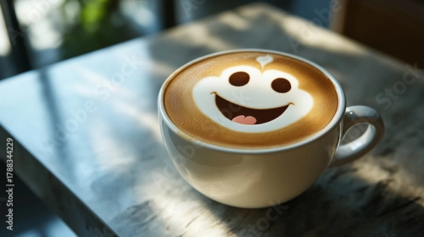 Fototapeta Brighten your day with a cheerful latte art coffee cup, bringing smiles and warmth to any morning moment.