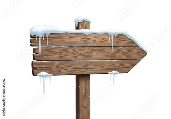 Obraz Wooden direction sign with snow and icicles isolated PNG, winter themed signpost on transparent background for seasonal design projects