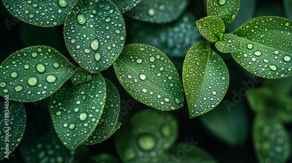 Obraz Vibrant green leaves adorned with sparkling dew drops after a refreshing morning rain, showcasing nature's delicate beauty and renewal