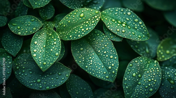 Fototapeta Stunning close-up captures vibrant green leaves glistening with fresh dew drops after a gentle rain shower