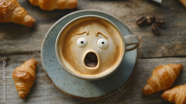 Fototapeta Surprised coffee art with expressive foam face and croissants on rustic wooden table, perfect for morning mood or cafe promotions