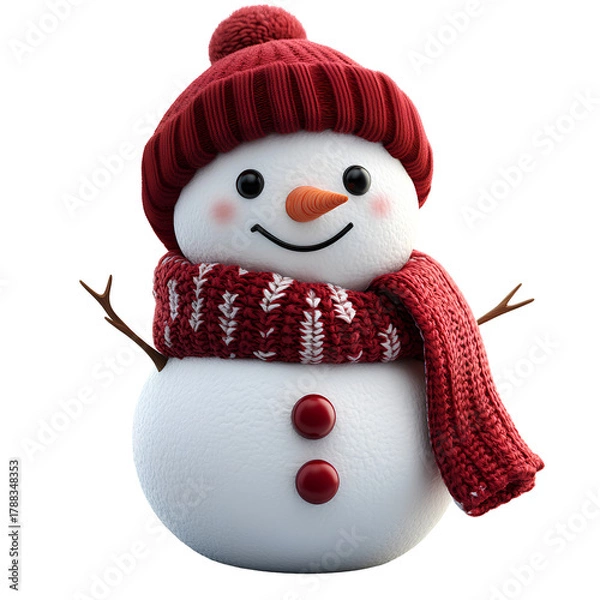 Obraz Snowman with Red Knit Hat and Scarf Cheerful Winter Holiday Character 3D Render Illustration