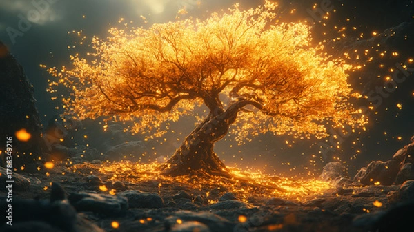 Fototapeta Enchanting golden tree with glowing leaves falling in magical forest, perfect for fantasy book covers or creative spiritual designs with a mystical ambiance