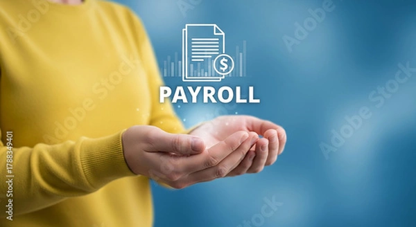 Fototapeta Concept of payroll management with a person holding a digital icon representing salary and financial services.
