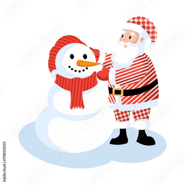 Fototapeta Santa Claus building a snowman.Illustration with transparent background.