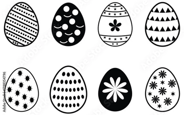 Fototapeta Collation of ester eggs icon set. Spring ester black and white and red egg elements. Contains as egg, decoration, chicken egg, celebration and more.  Easter eggs decorated with black and white color. 