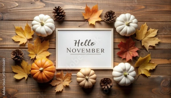 Fototapeta Celebrating autumn colors november decorations with pumpkins and leaves cozy home environment aesthetic flat lay view