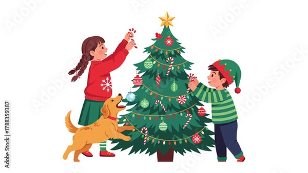 Obraz Decorating Christmas Tree: Joyful moments unfold as two children and a playful dog collaborate in adorning the festive Christmas tree with ornaments.