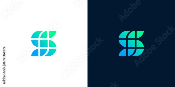 Fototapeta Modern abstract letter S logo design featuring a vibrant blue-green gradient, ideal for corporate branding, technology companies, or digital services