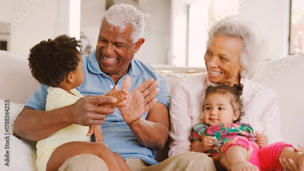 Obraz Grandparents Sitting On Sofa At Home Playing With Baby Granddaughters