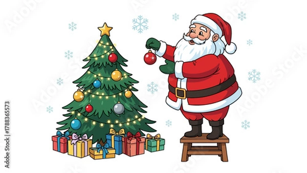 Fototapeta Santa's Festive Touch: A jolly Santa Claus is adorning a Christmas tree, adding final touches with ornaments amidst a backdrop of soft snowflakes and wrapped gifts.