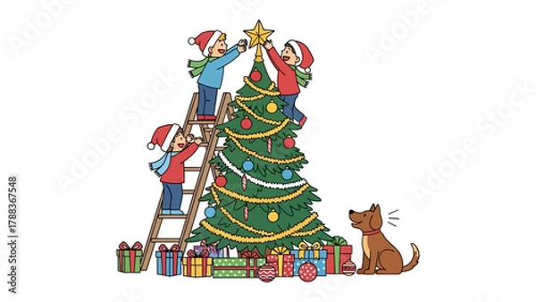 Obraz Joyful Christmas Tree Decorating: Amidst the festive season, children adorn a Christmas tree with joyous decorations, creating a cherished scene of holiday preparation.