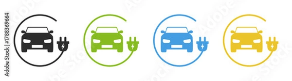 Fototapeta Hybrid electric car, eco transportation, vehicle charging, battery power, plug station, green energy, auto icon, sustainable technology, vector illustration isolated on transparent background